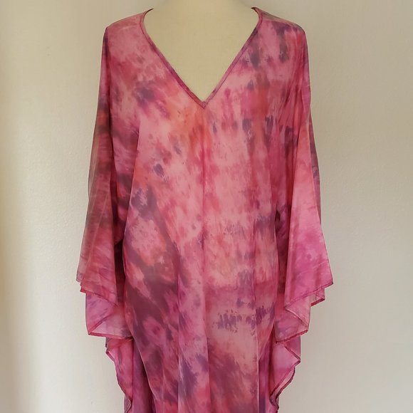 Silk Caftan Kaftan beach coverup resortwear midi S M L XL pink purple tie dyed - Picture 1 of 10